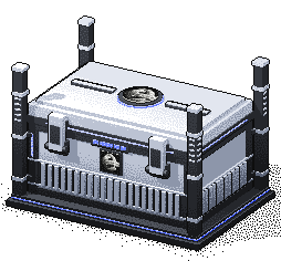 A sealed Platinum Bordrless Holder Crate: a modular vault container with a platinum body and ribbed band, four graphite corner posts, two hook latches, blue light lines and the Bordrless seal on its lid.